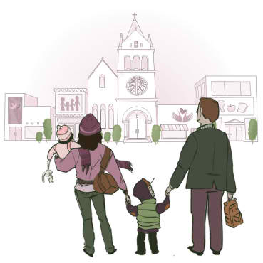 Family walking to church