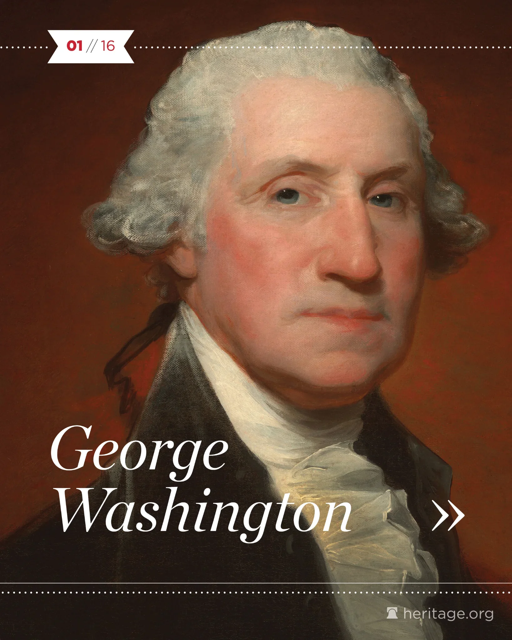 Painted portrait with the name George Washington overlaid and a carousel indicator 1 of 16 on a dark red textured background.