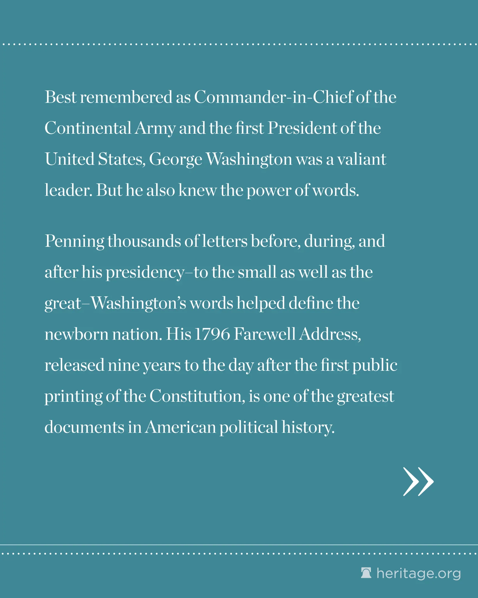 Block of white text on a teal background describing George Washington’s leadership and writings, with dotted divider lines
