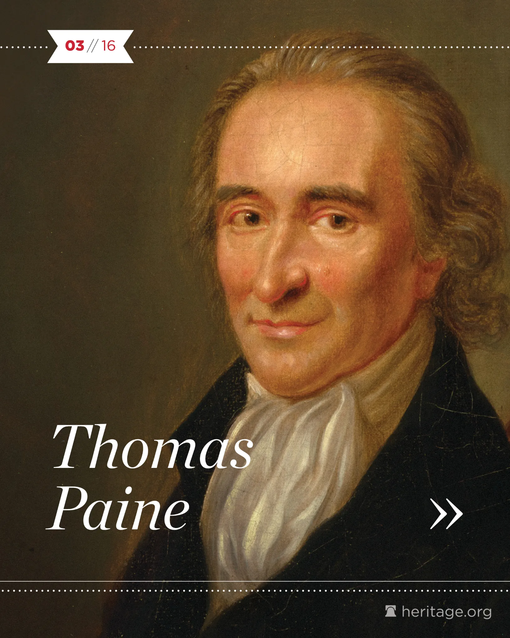 Painted portrait of Thomas Paine with warm tones, overlaid text showing name and slide number, and navigation arrow.