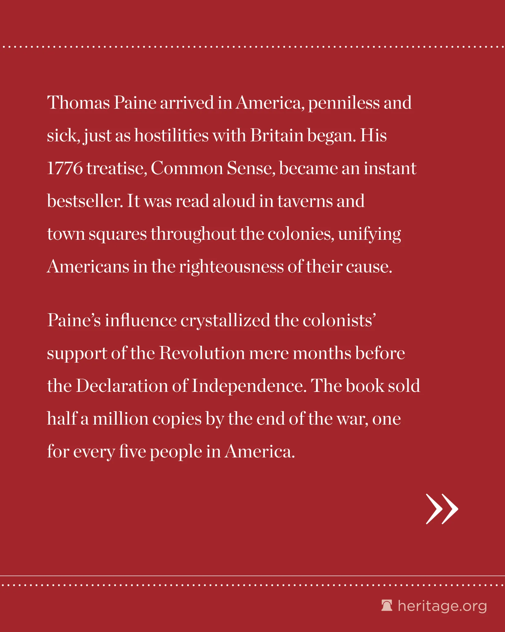 Red background slide with white serif text describing Thomas Paine’s arrival in America and the impact of Common Sense on the Revolution.