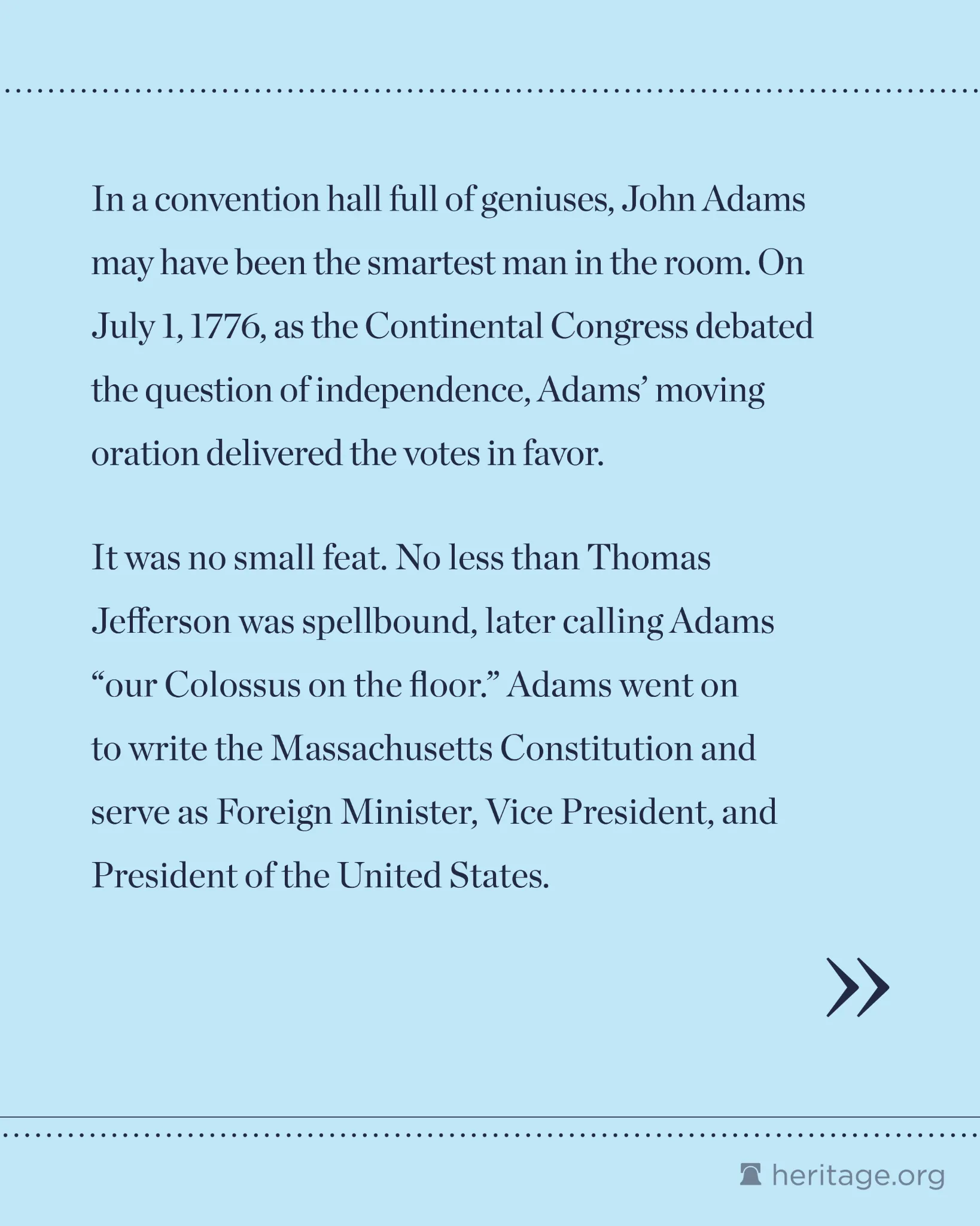 Light blue background slide with serif text describing John Adams’ role in the Continental Congress and early American government