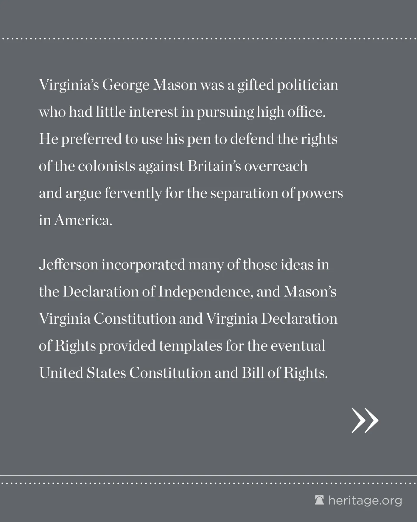 Text about George Mason's writings that made their way into founding documents like the Declaration of Independence and Constitution and Bill of Rights