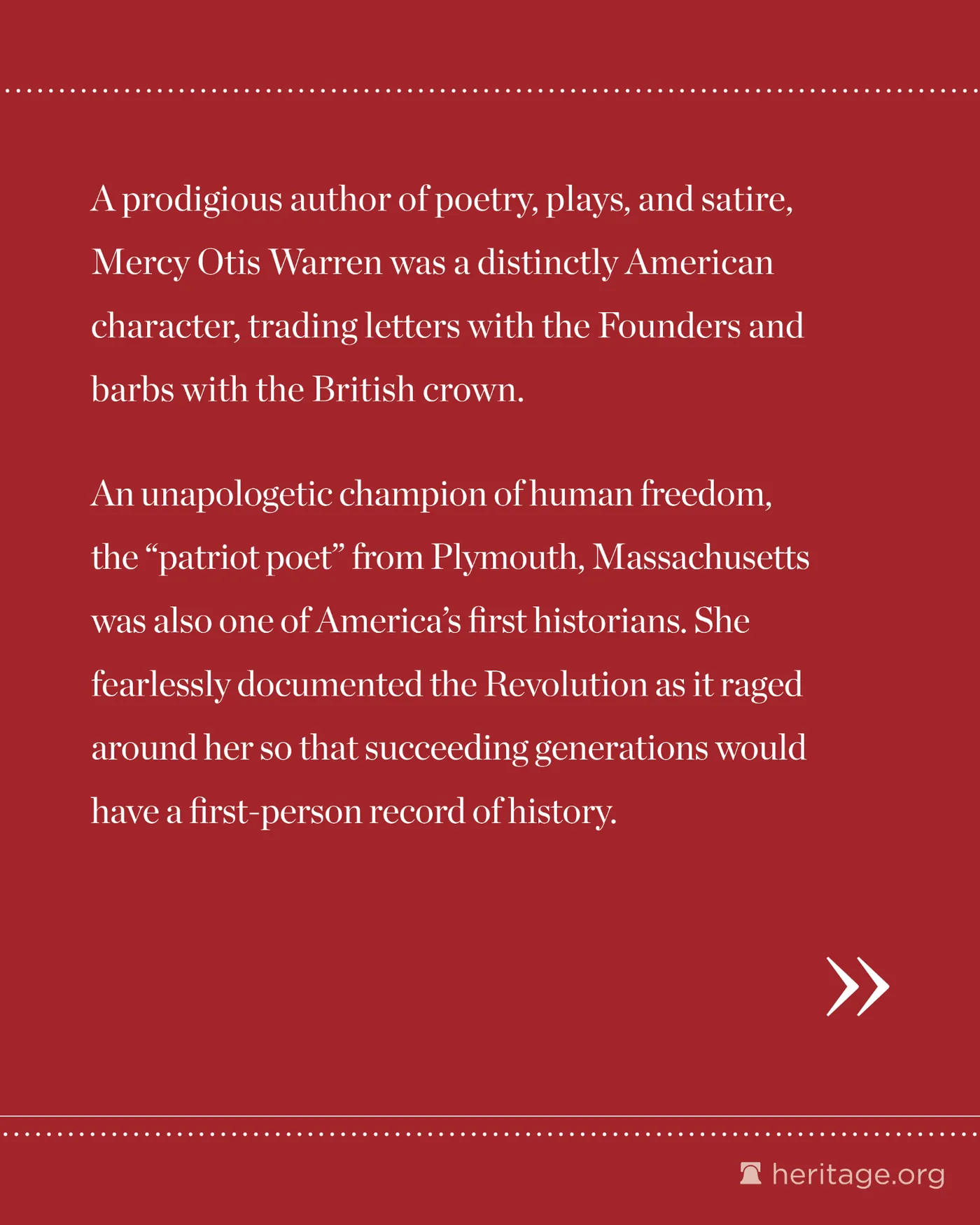 Red background with white text about Mary Otis Warren's writings and histories of the American Revolution