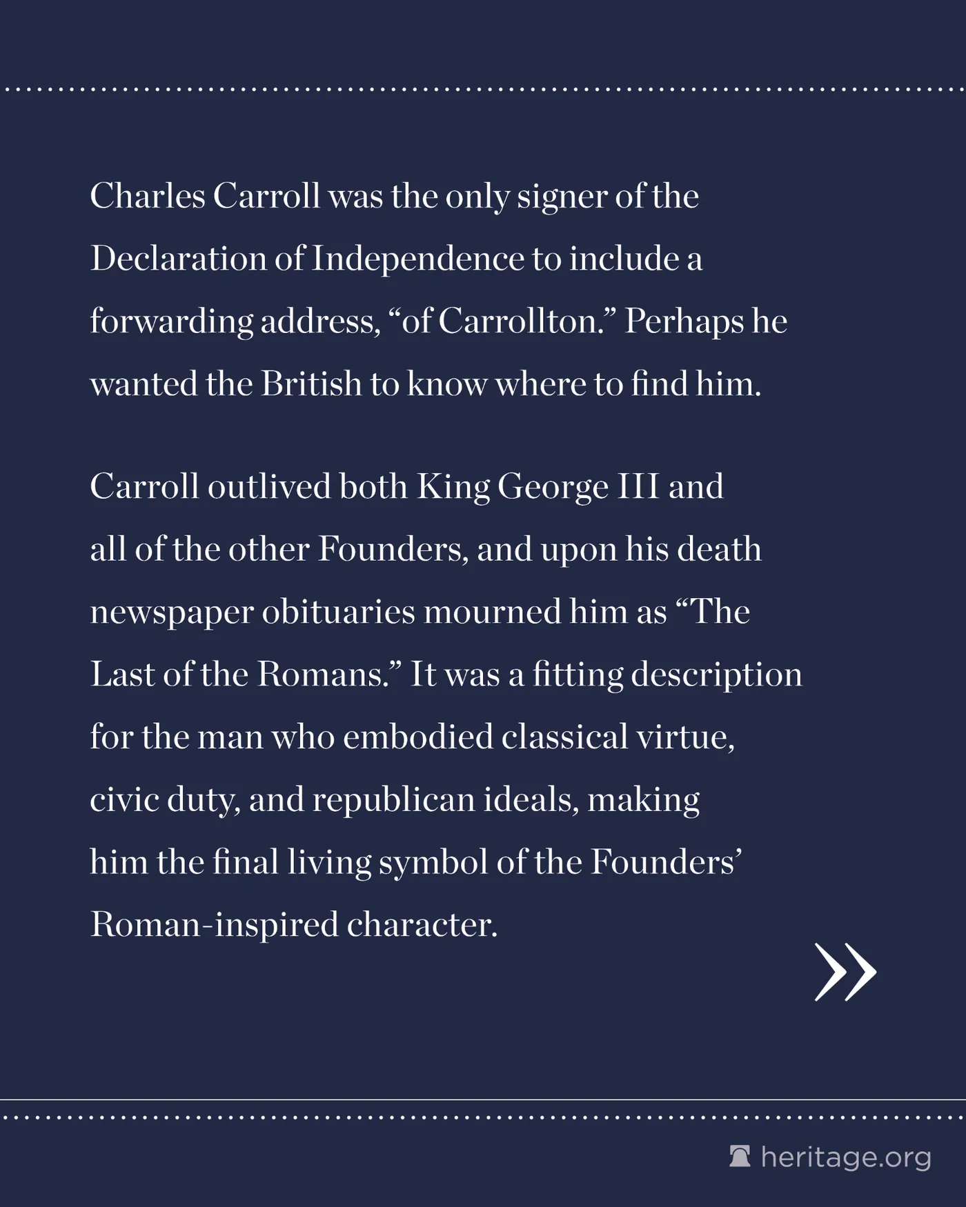 White text on blue background describing Charles Carroll and Roman-inspired virtues