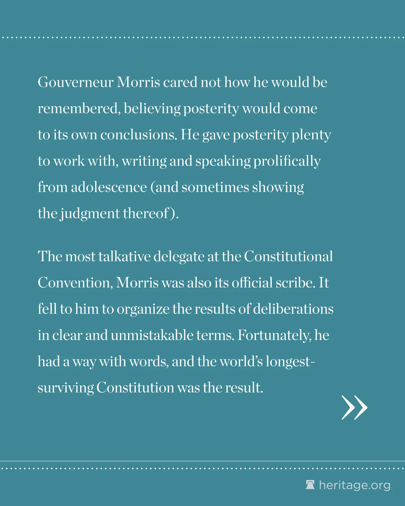 White text about Gouverneur Morris and his drafting role in creating the U.S. Constitution