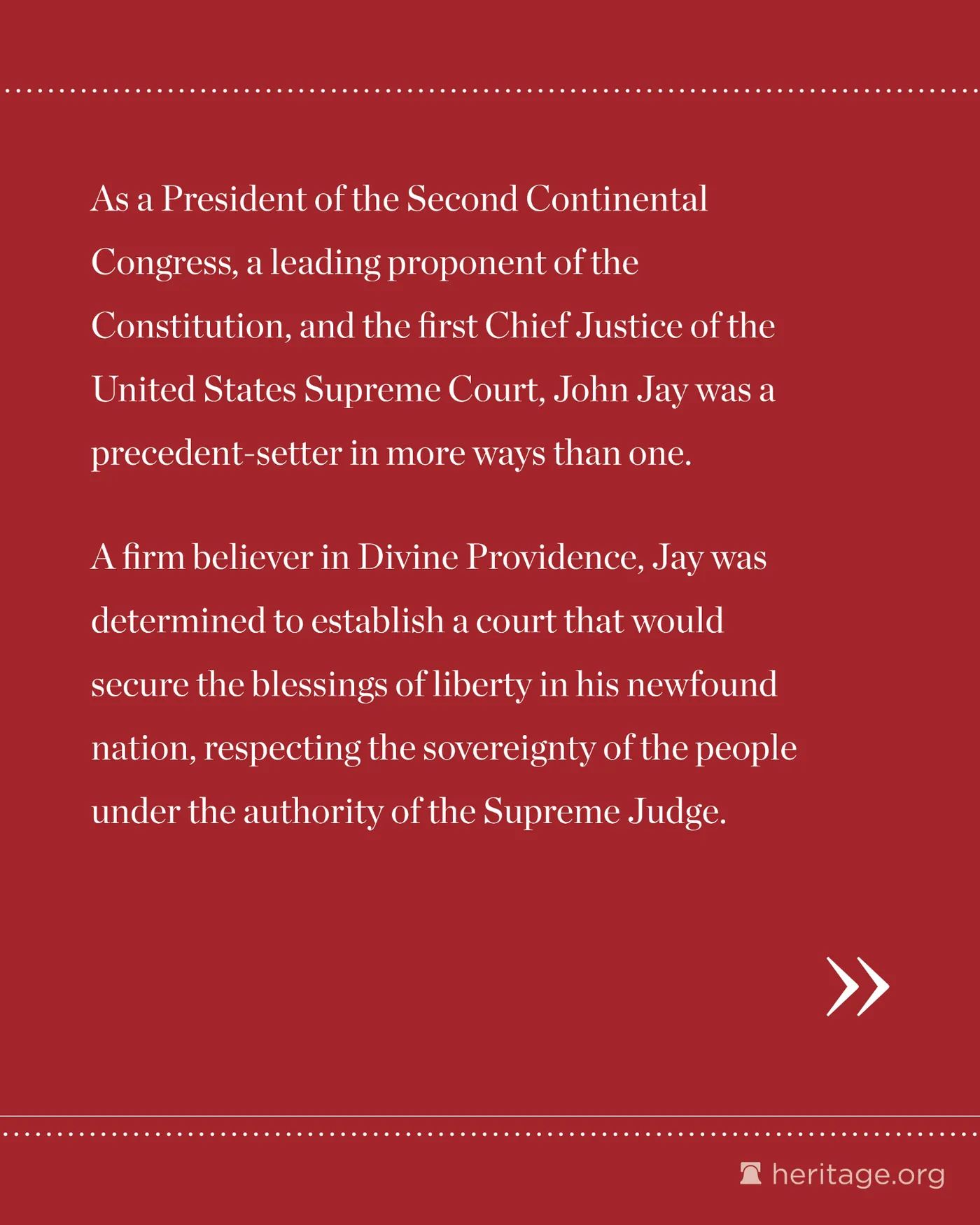 Red background with white text about John Jay's roles in the Continental Congress, Constitution ratification, and Supreme Court