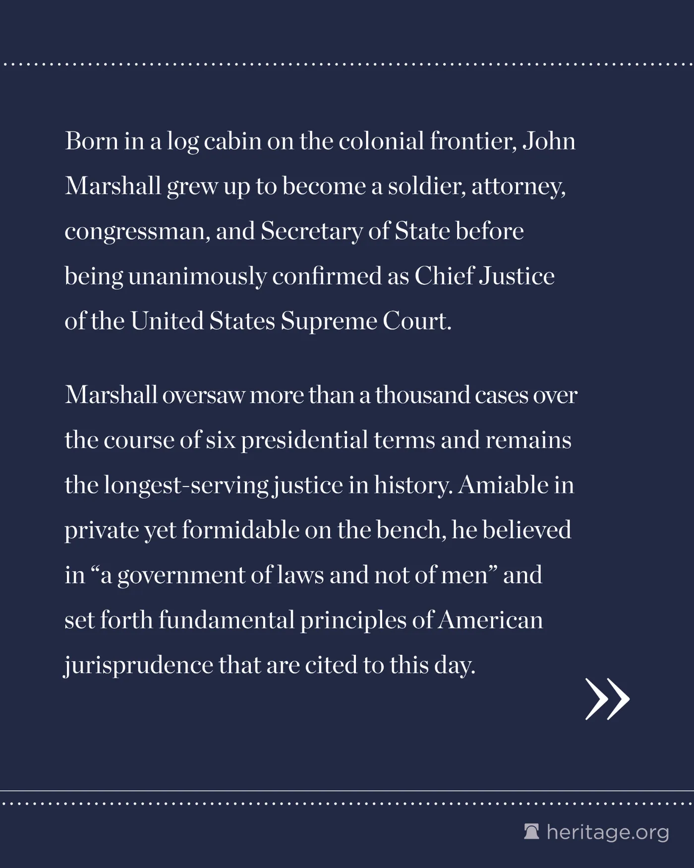 White text about John Marshall's Supreme Court leadership defining key principles of U.S. jurisprudence