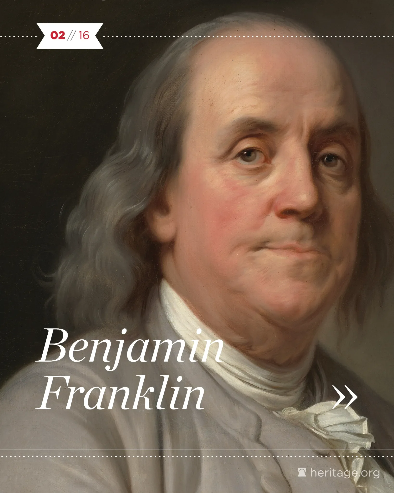 Close-up painted portrait of Benjamin Franklin with text overlay and navigation arrow on a dark background.
