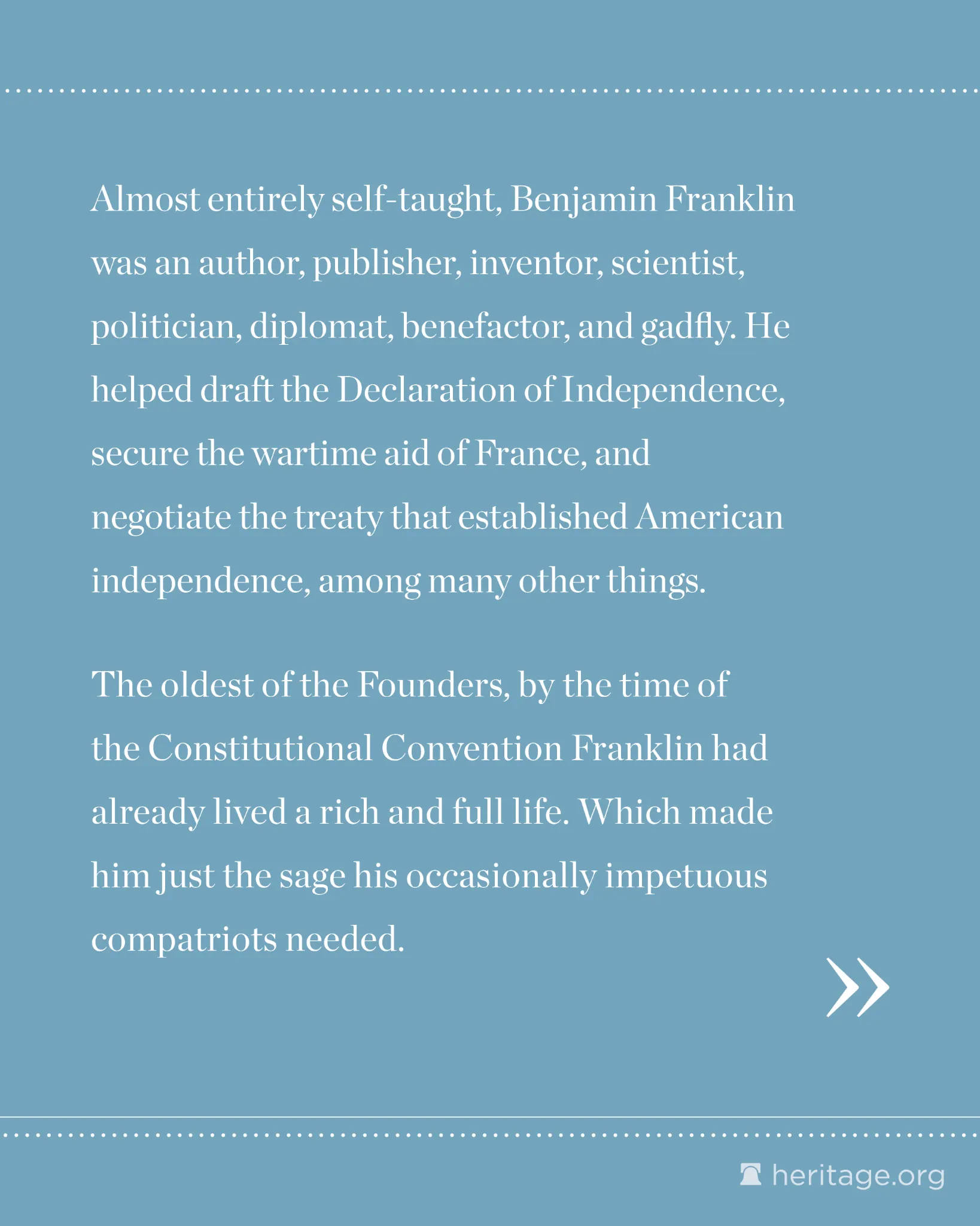 Blue background slide with white serif text describing Benjamin Franklin’s accomplishments and role in American independence