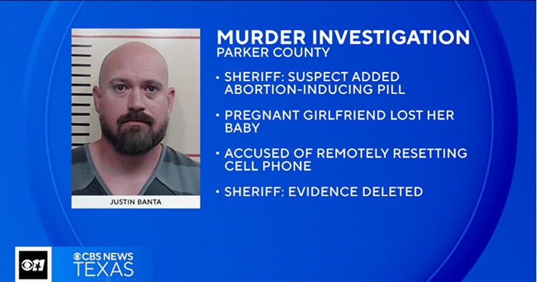 screenshot of CBS News Texas coverage of abortion pill murder suspect Justin Banta