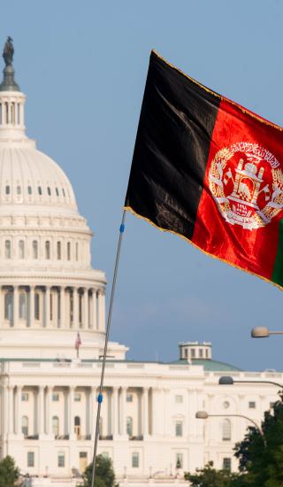 An Afghanistan flag is seen waving in front of the U.S. Capitol on August 28, 2021 in Washington, D.C. 