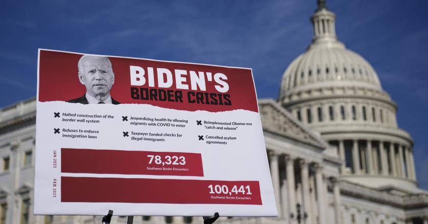 A sign is displayed before a news conference with House Republicans about U.S.-Mexico border policy outside the U.S. Capitol on March 11, 2021.