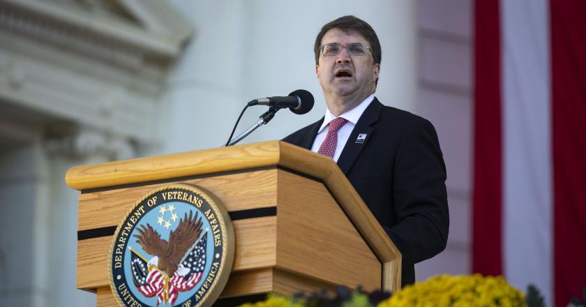 Secretary of Veterans Affairs Robert Wilkie speaks during a Veterans Day ceremony at Arlington National Cemetery on November 11, 2018 in Arlington, Virginia. 