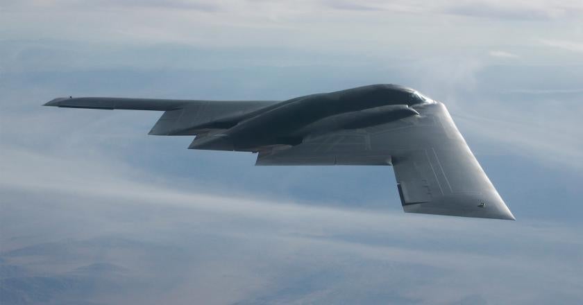 A B-2 Spirit soars through the sky.